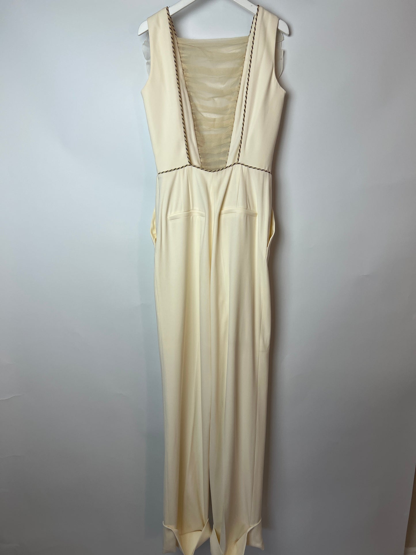 Alessandra Rich Cream Sleeveless Jumpsuit with Mesh V-Neck Panel and Gold Metallic trim Size IT 40 (UK 8)