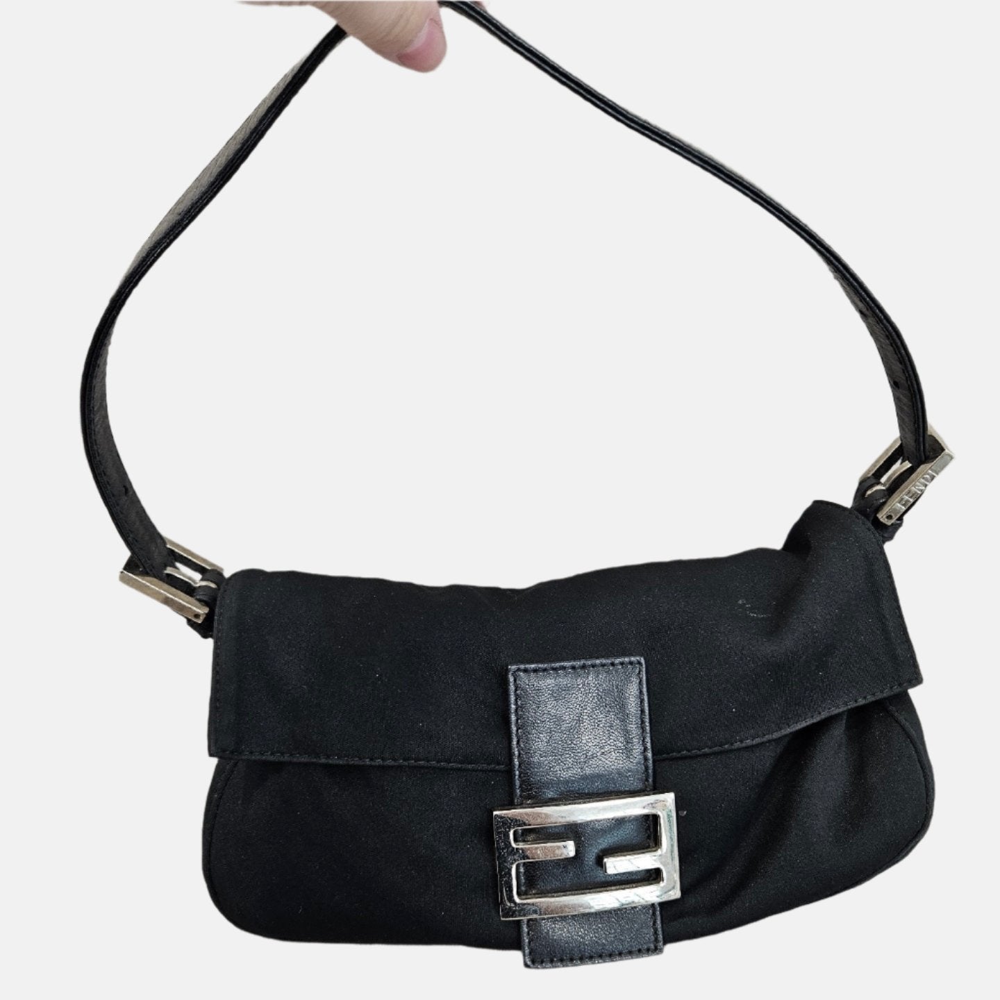 FENDI Baguette   Black Cloth Silver Hardware Shoulder Bag