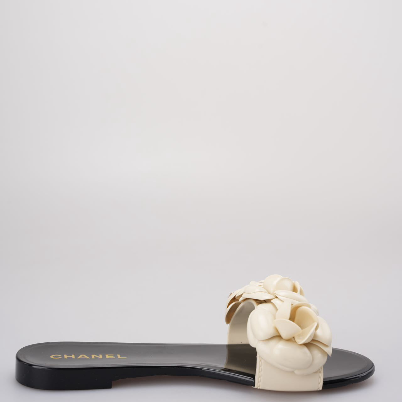 Chanel Black / White Rubber Camellia Flower Slide Sandals Size 36