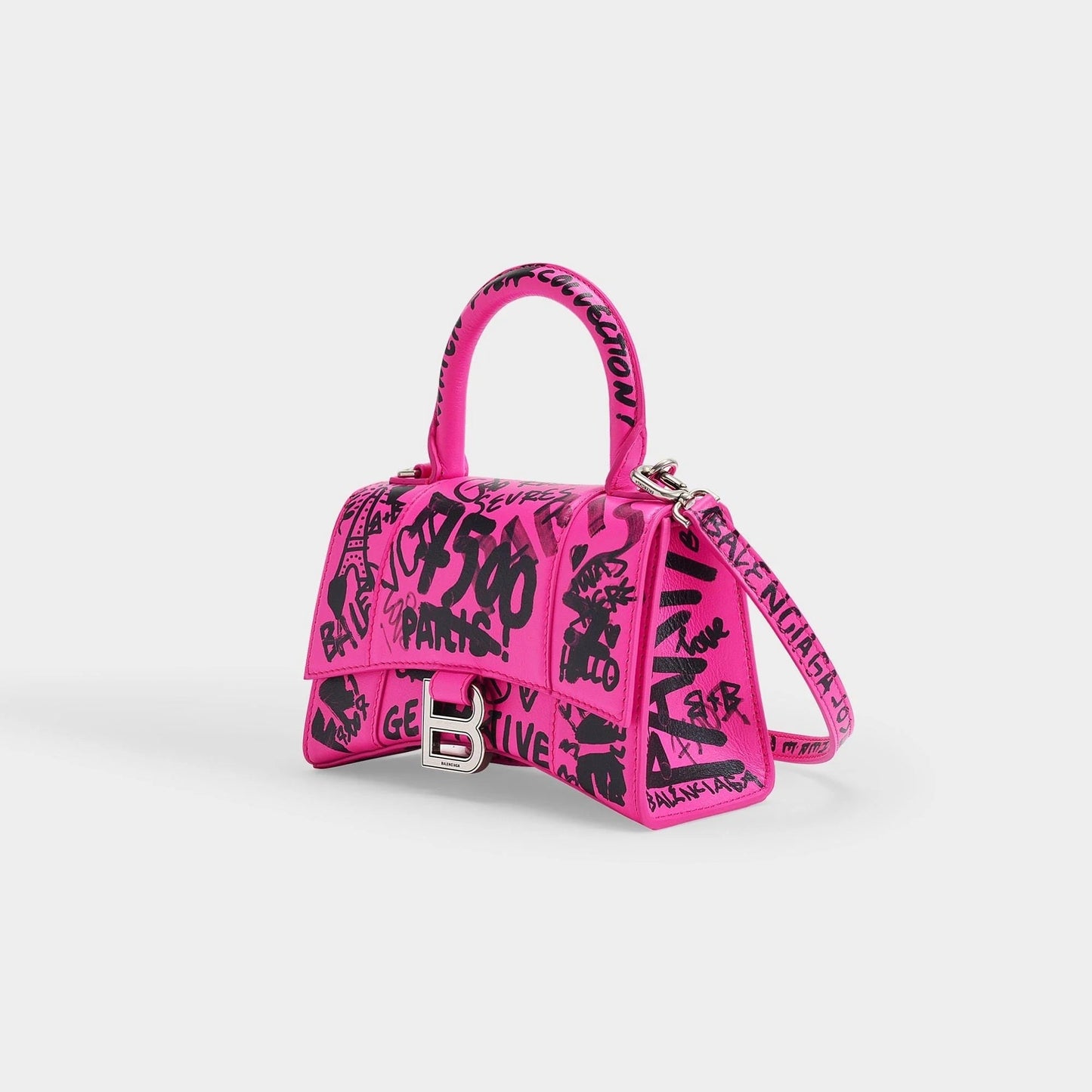 BALENCIAGA HOURGLASS XS  GRAFFITI PRINTED CALFSKIN TOP HANDLE BAG