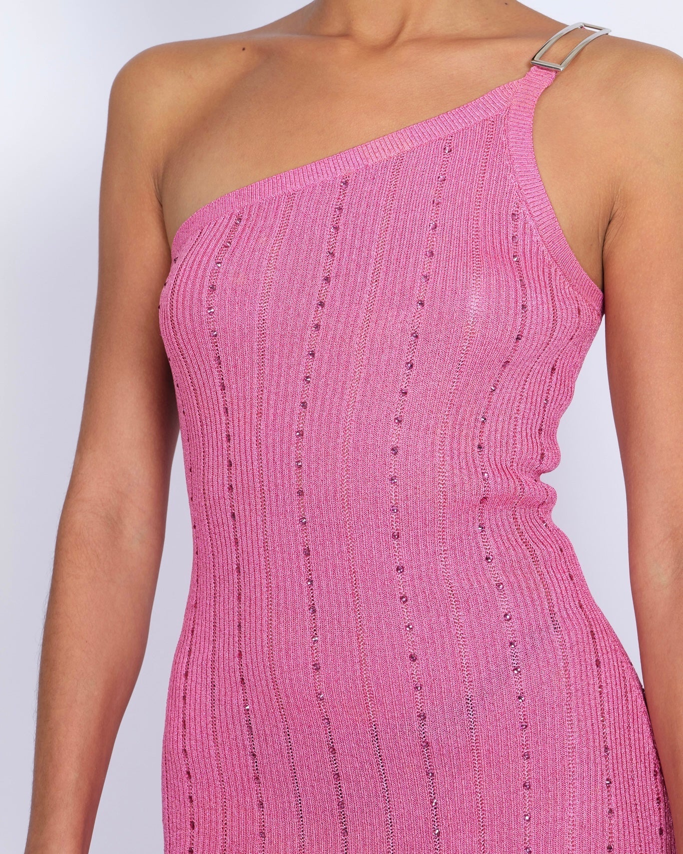 Alessandra Rich Pink Knit One-Shoulder Mini Dress with Crystal Embellishments and Silver Hardware Detail Size IT 42 (UK 10) RRP £890