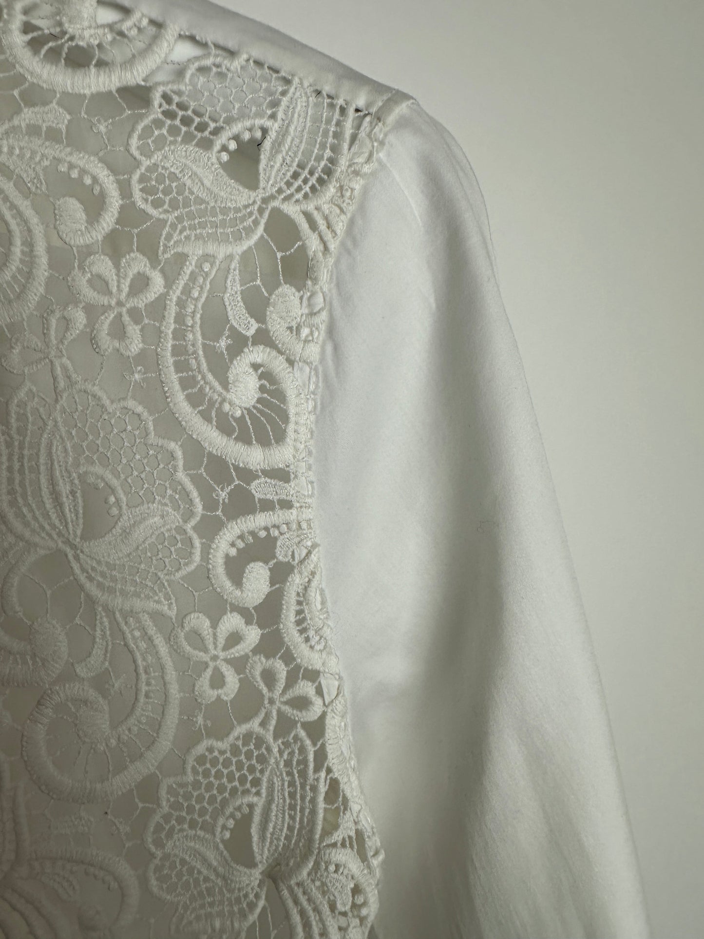 Celine White Cotton Poplin Long Sleeve Shirt with Macrame Front Detail Size FR 38 (UK 10)