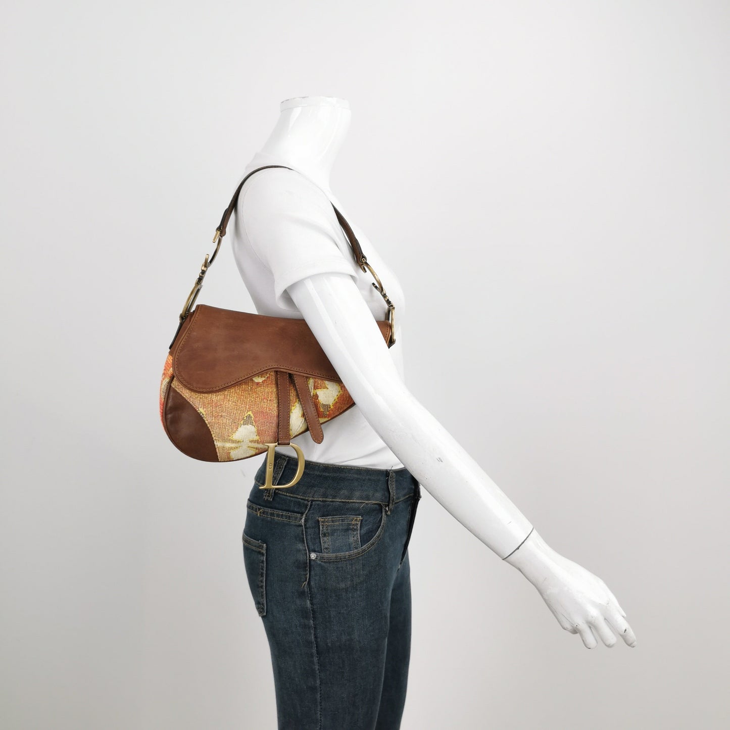 Dior Saddle   Brown Leather Printed Velvet Gold Hardware Shoulder Bag