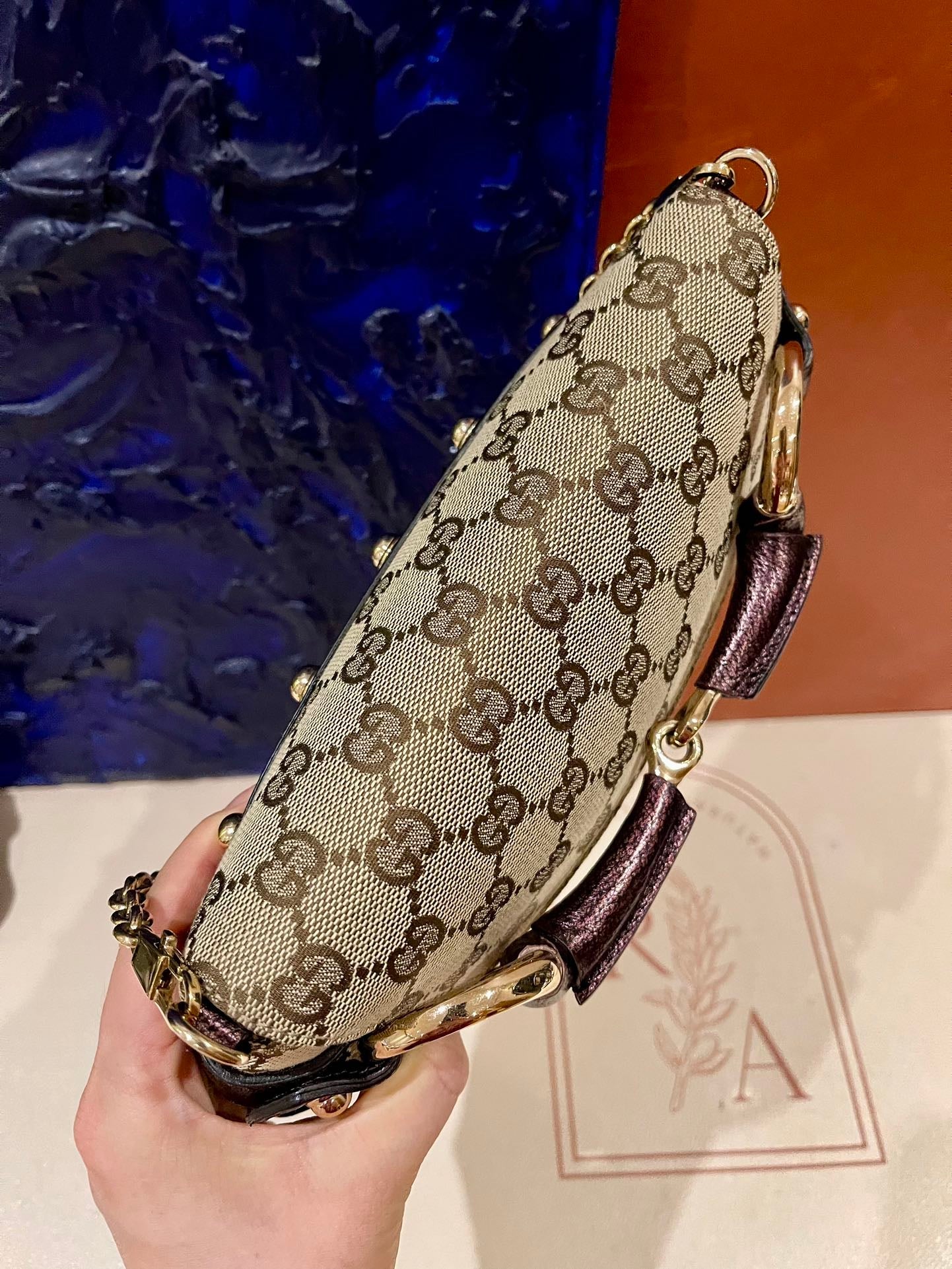 Gucci Horsebit 1955 Chain Bag Gucci Monogram Iridescent Purple Leather and Gold Studs