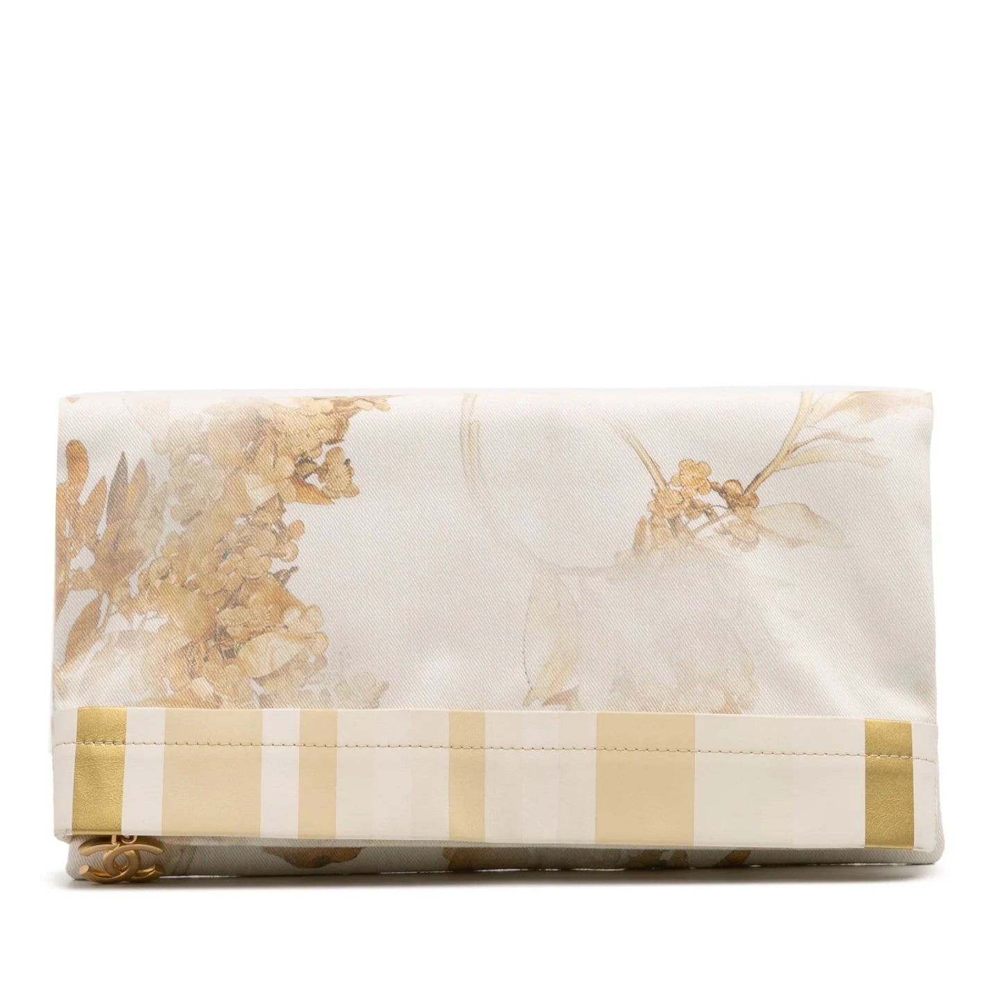 White Chanel XL Printed Canvas and Striped Lambskin Foldover Clutch