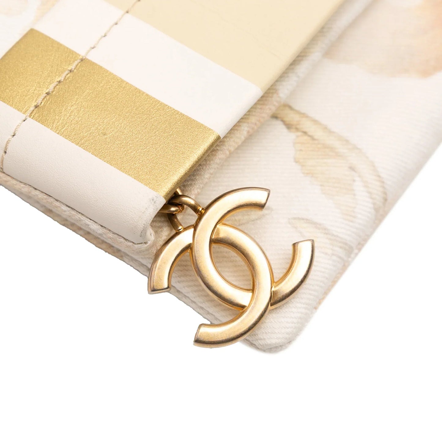 White Chanel XL Printed Canvas and Striped Lambskin Foldover Clutch