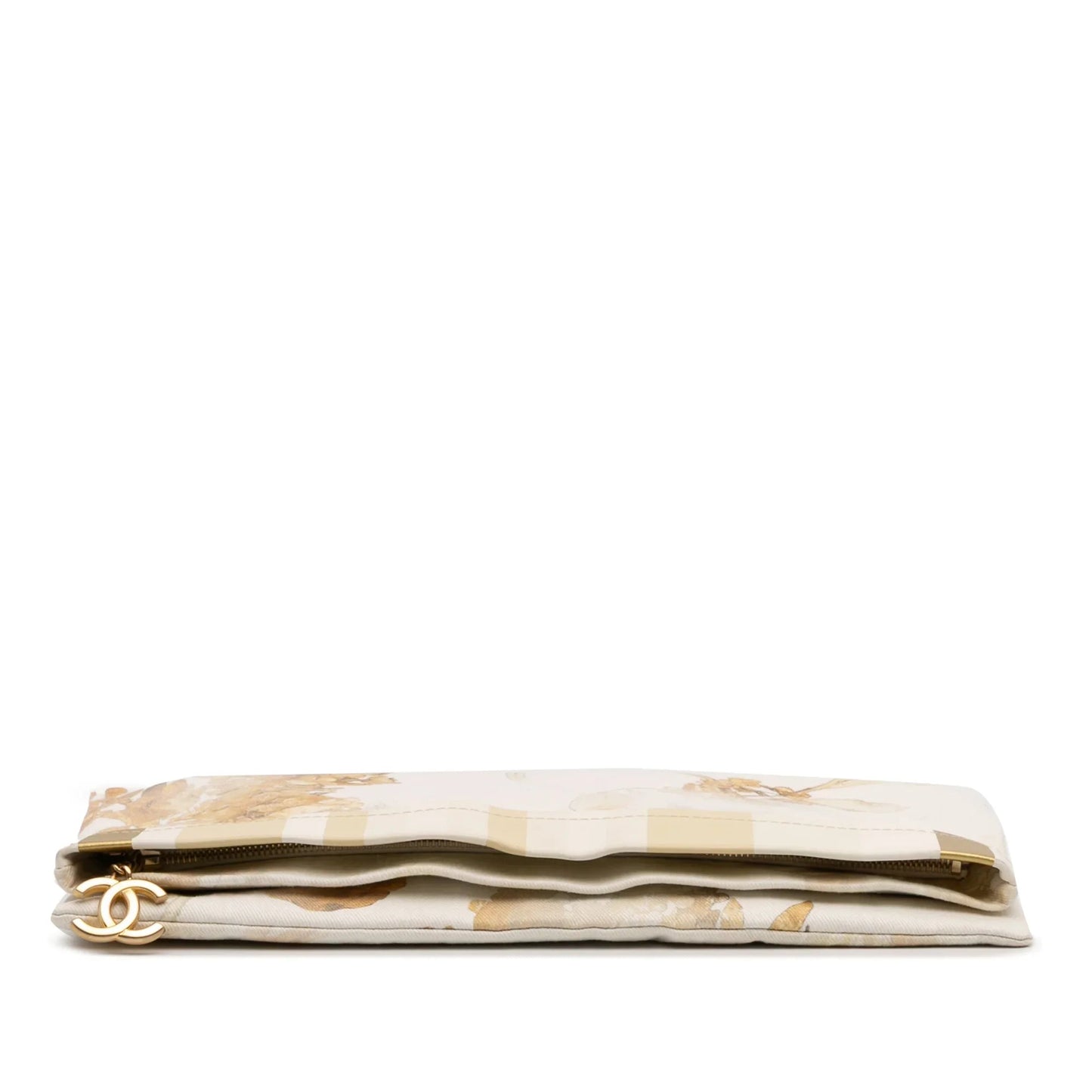 White Chanel XL Printed Canvas and Striped Lambskin Foldover Clutch