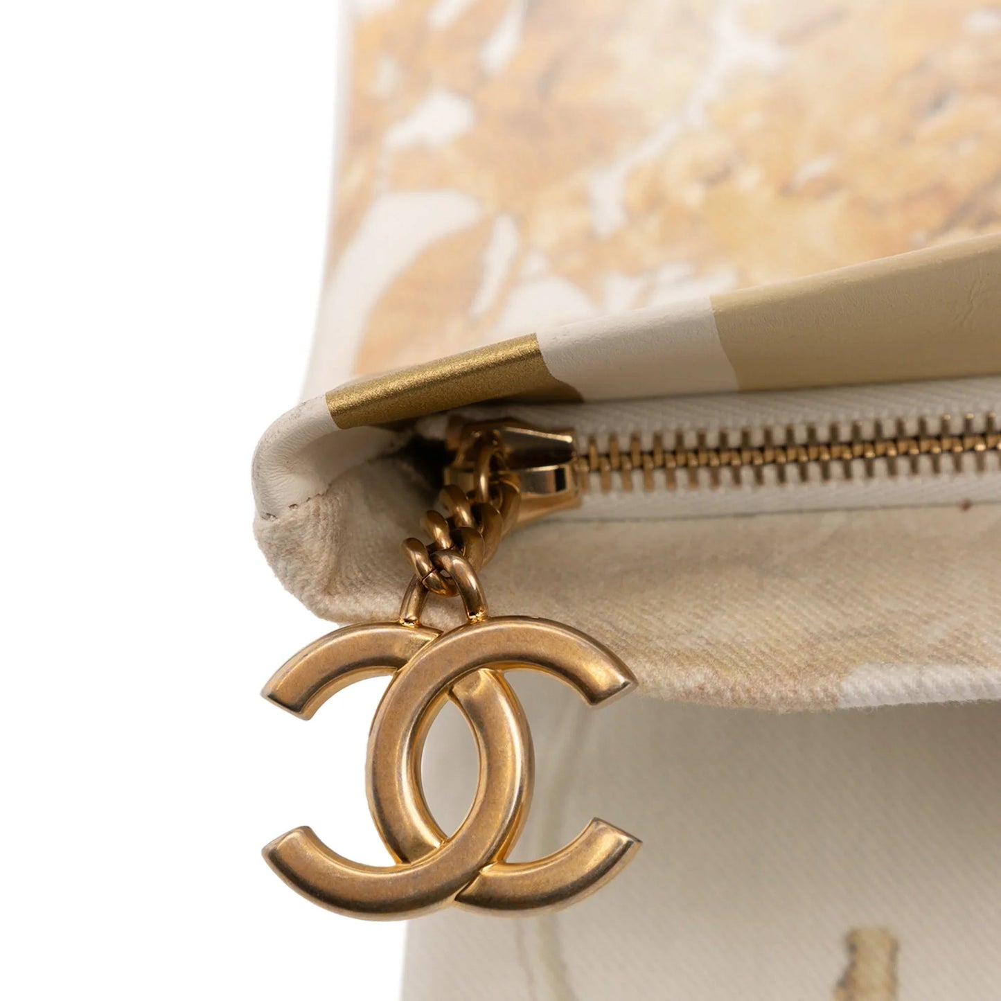 White Chanel XL Printed Canvas and Striped Lambskin Foldover Clutch