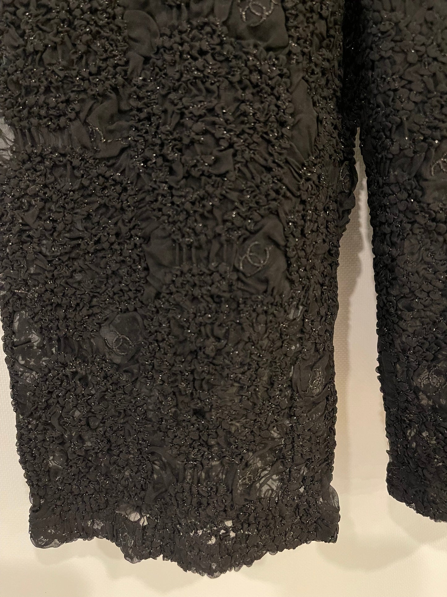 Chanel Black Lace Tulle Top and Cyclist Shorts Set with Camelia Details and Crystal CC Logos Size FR 34 (UK 6)