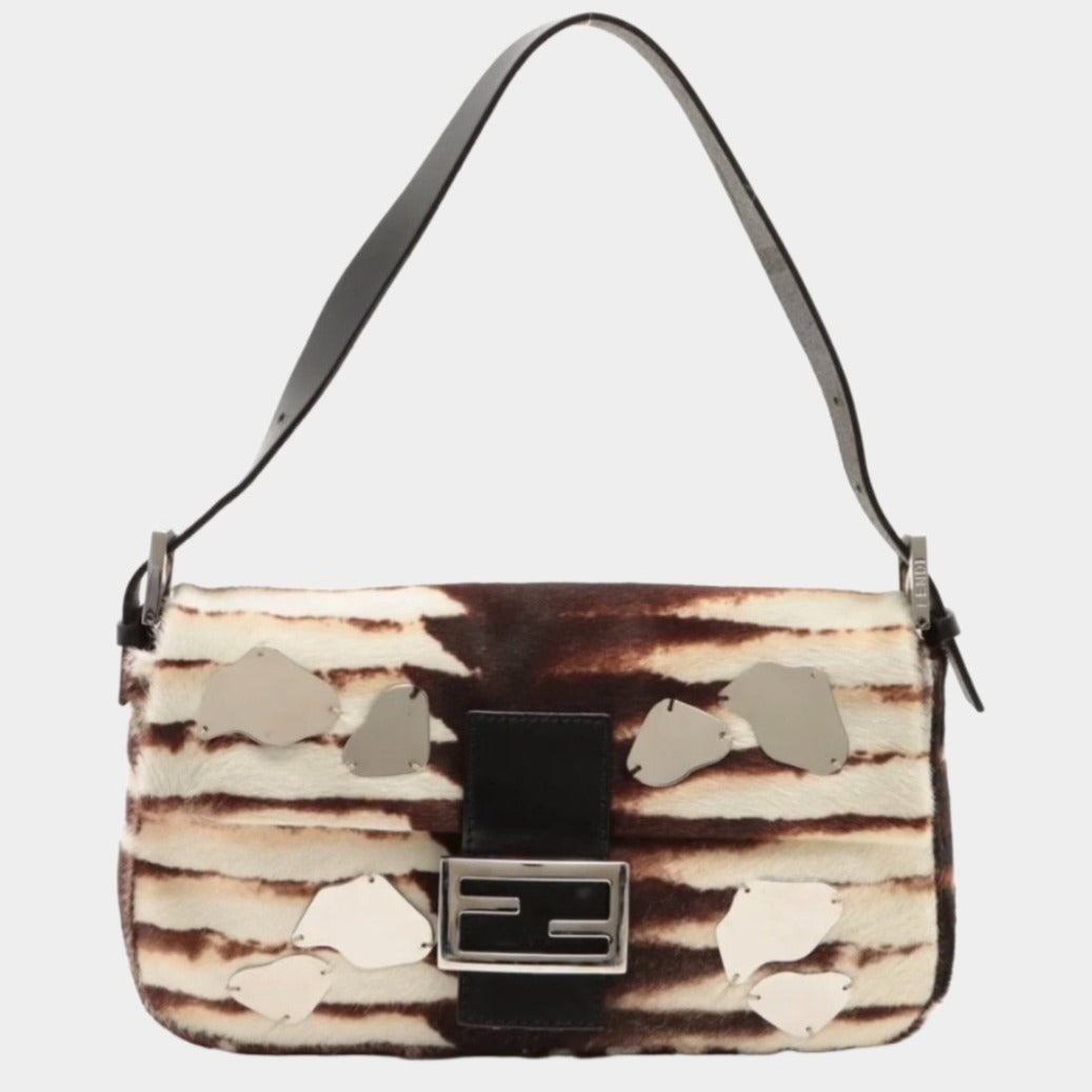 Fendi Baguette Pony-style Calfskin Leather Zebra Print with Metal Mirror