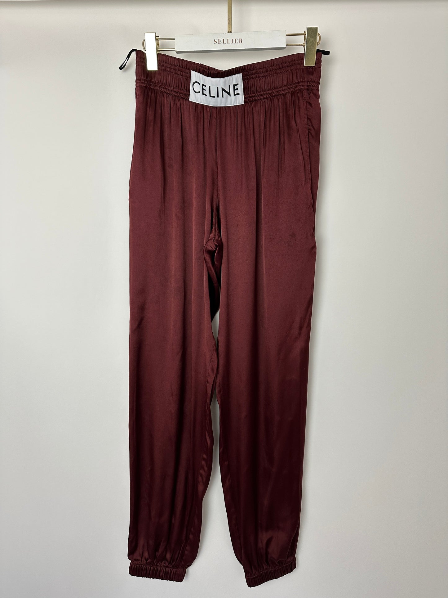 Celine Burgundy Satin Boxing Tro rs with Cuffed Hems and Waistband Logo Detail Size FR 34 (UK 6)