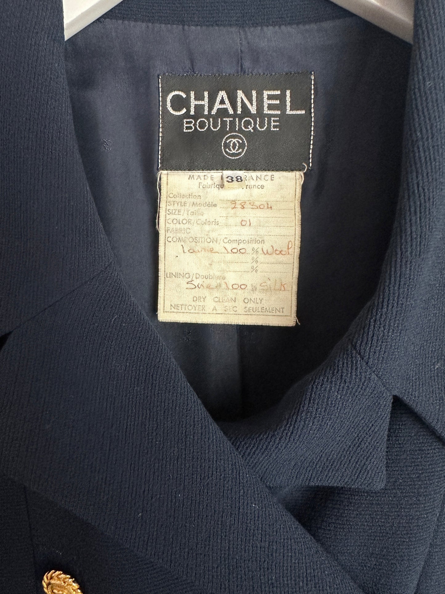 Chanel   Navy Double Breasted Wool Blazer Jacket and Skirt Set with Gold CC Logo Button Detail FR 38 (UK 10)
