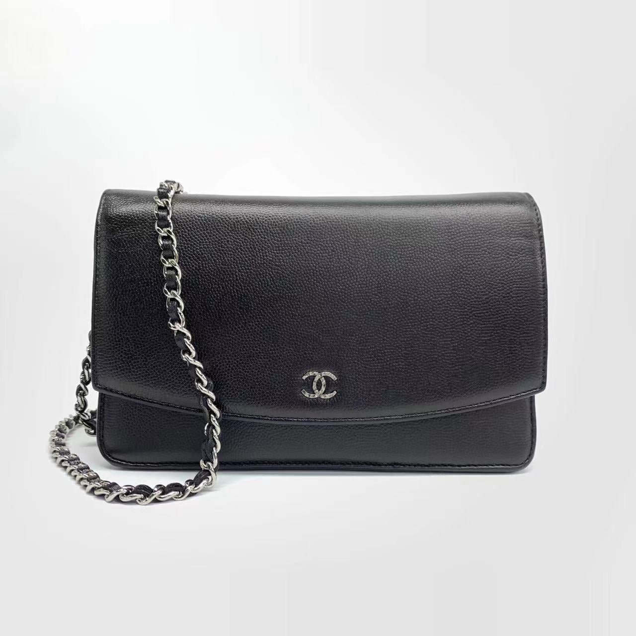 Chanel Wallet On Chains WOC Black Caviar Leather Silver Chains