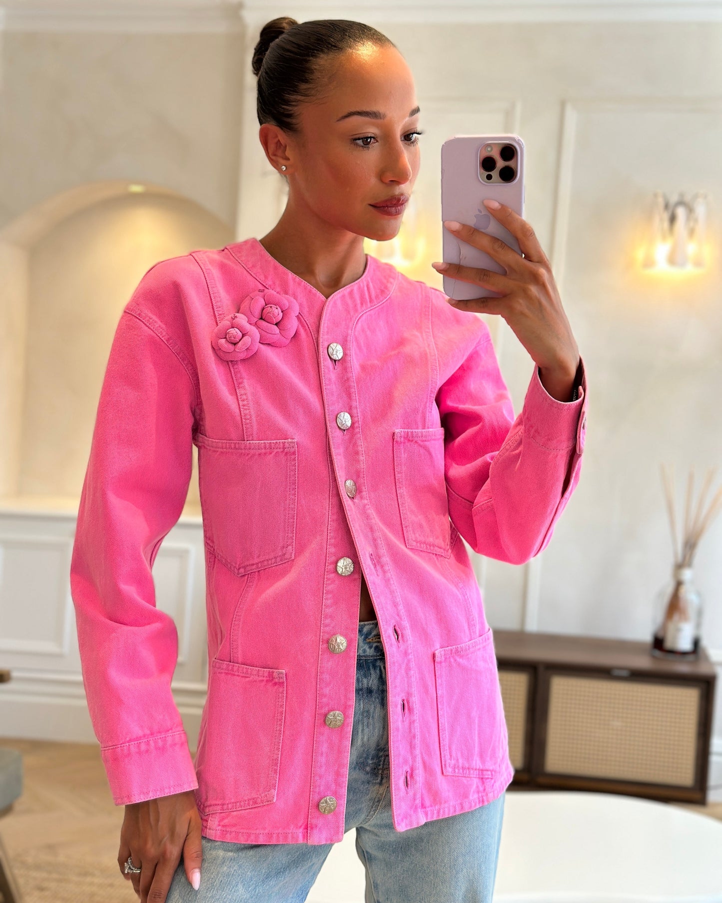 *HOT* Chanel 21S Hot Pink Denim Jacket with Detachable Camelia Pin Detail Size FR 34 (UK 6)