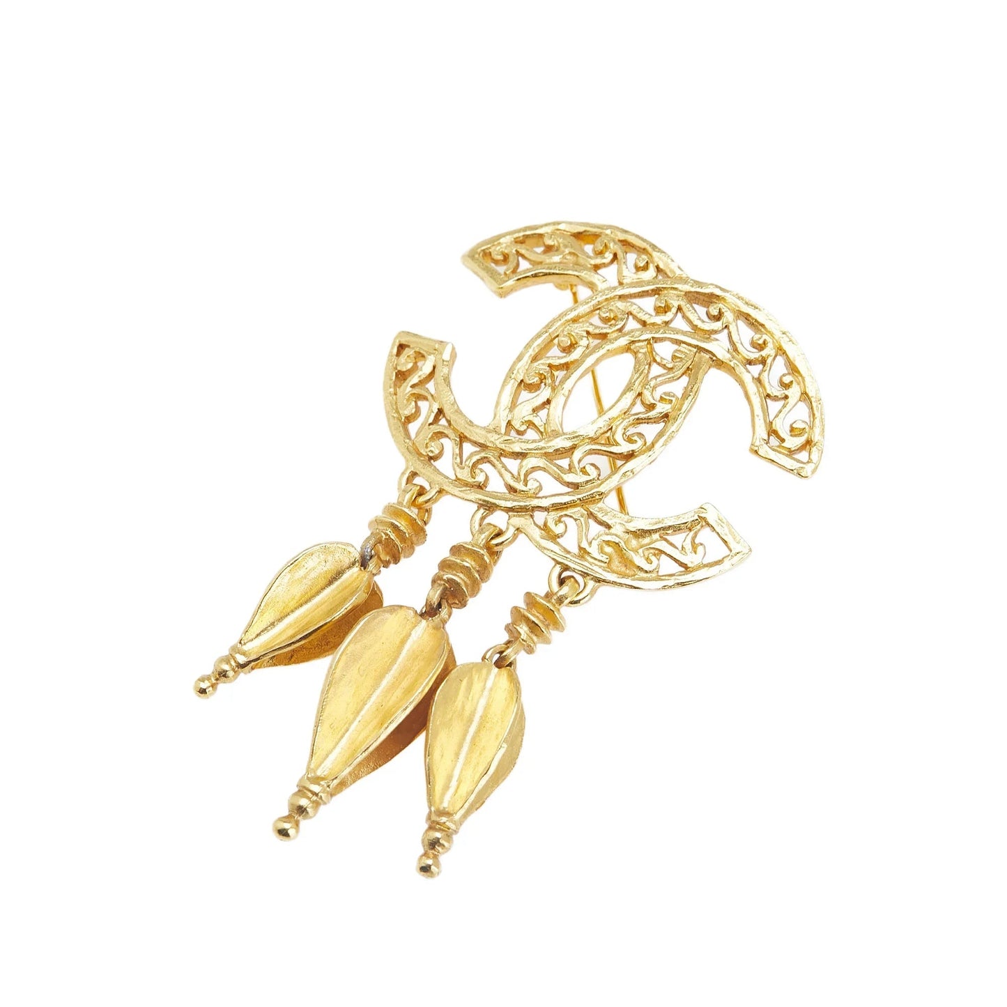 Gold Chanel CC Gold Plated Fretwork Fringe Brooch