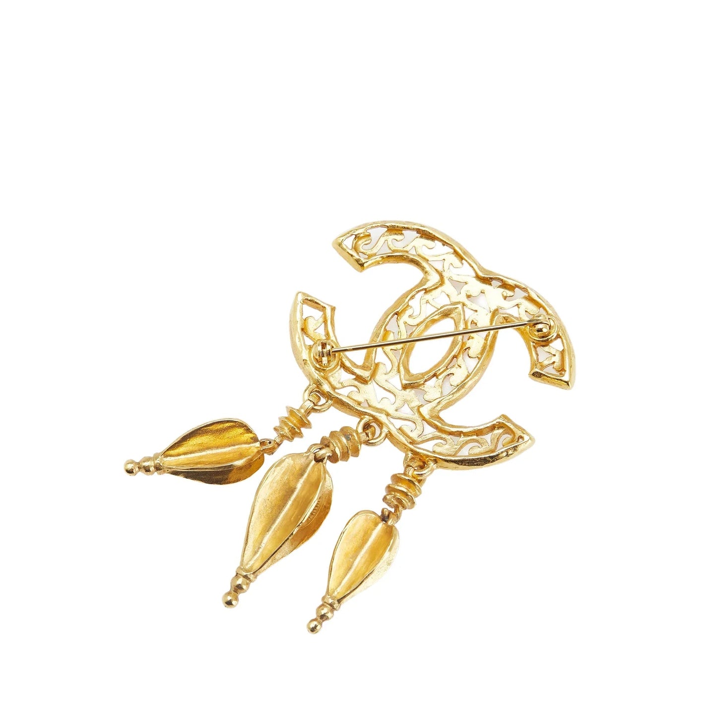 Gold Chanel CC Gold Plated Fretwork Fringe Brooch
