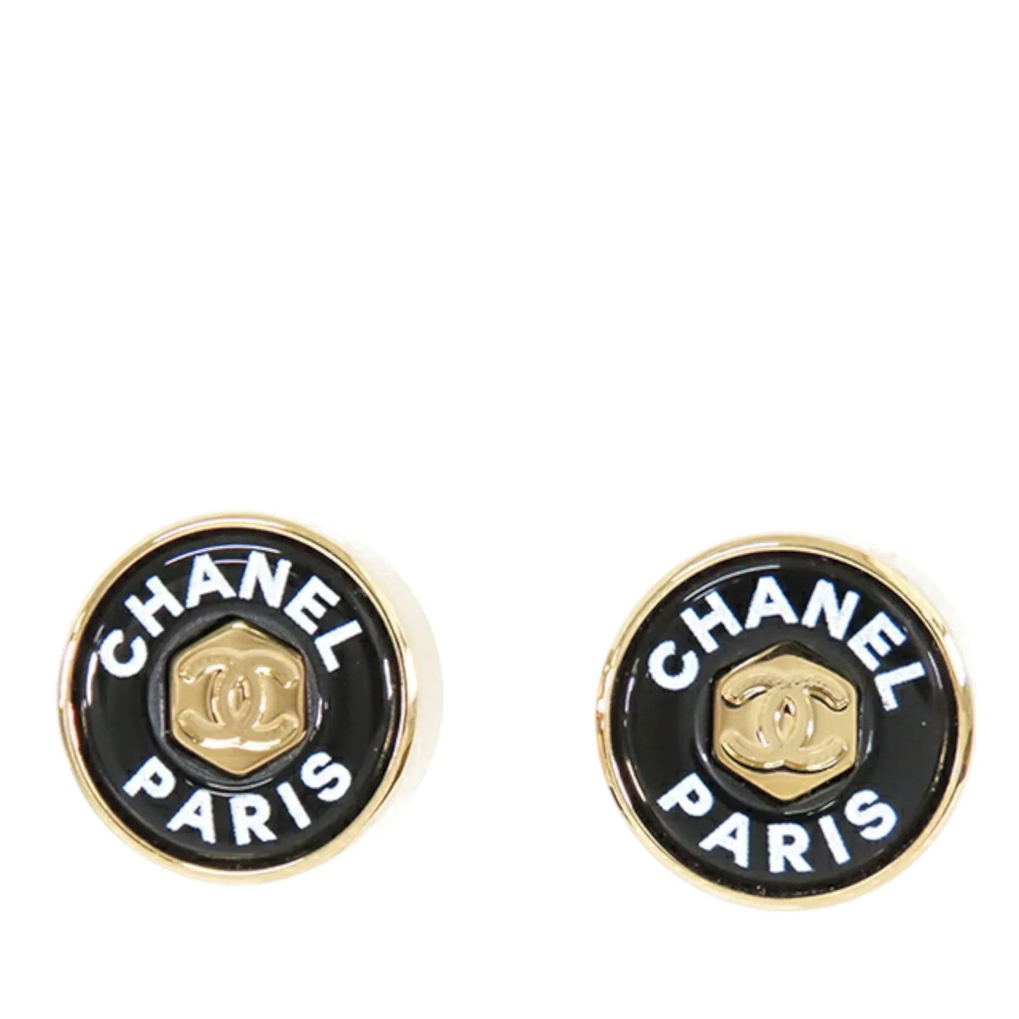 Black Chanel Gold Plated Enamel Logo Button Bullet Back Earrings