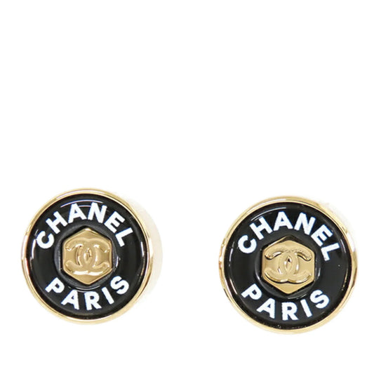 Black Chanel Gold Plated Enamel Logo Button Bullet Back Earrings