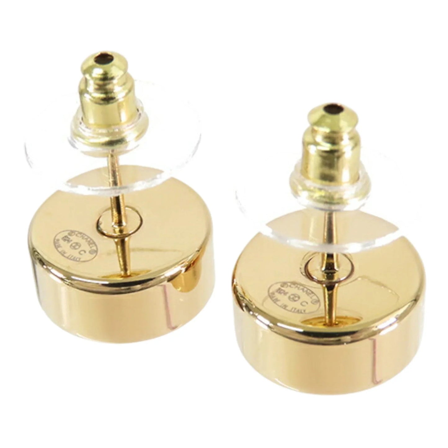 Black Chanel Gold Plated Enamel Logo Button Bullet Back Earrings