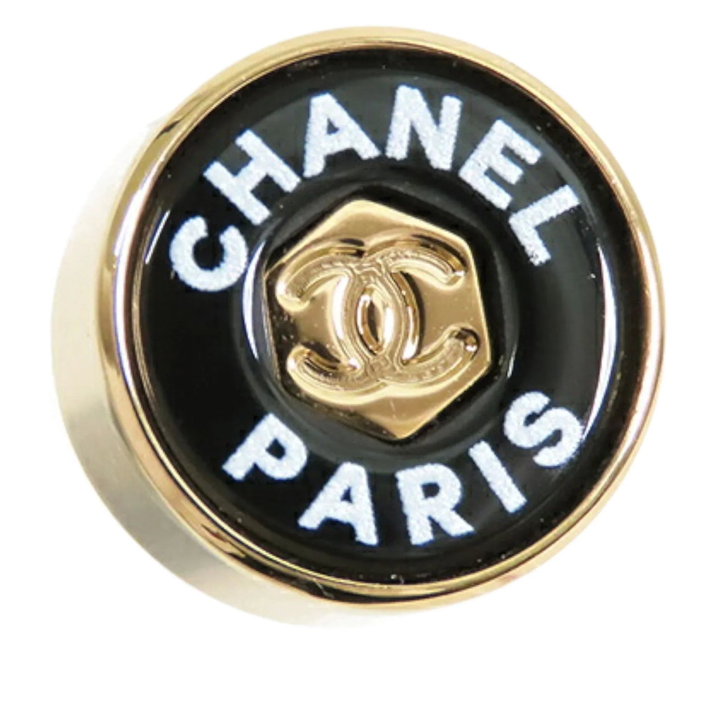 Black Chanel Gold Plated Enamel Logo Button Bullet Back Earrings