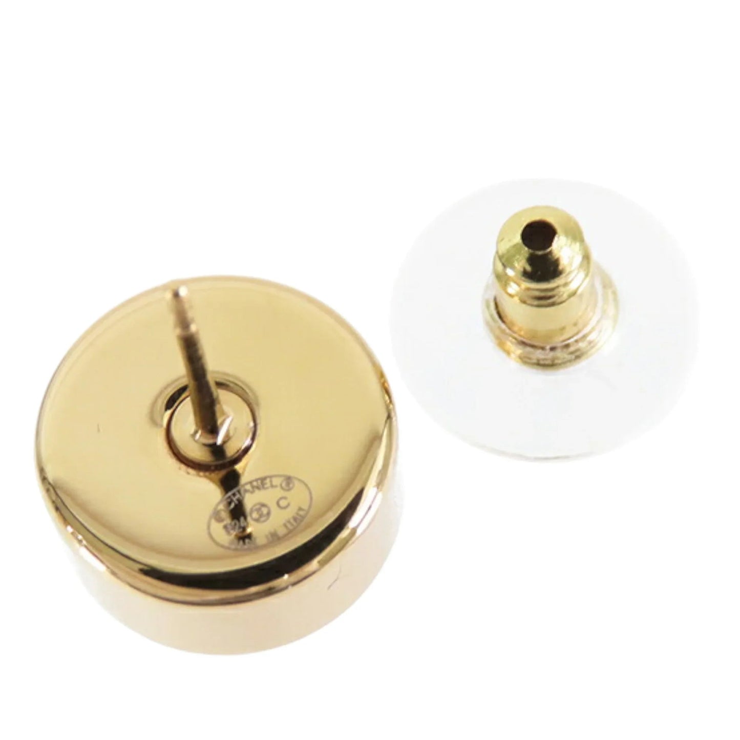 Black Chanel Gold Plated Enamel Logo Button Bullet Back Earrings