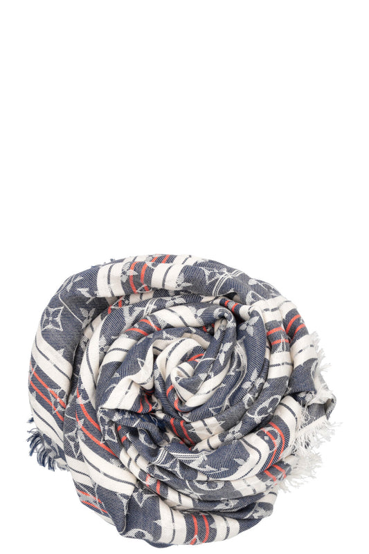 LOUIS VUITTON Fringed MNG Scarf Striped Blue Red White