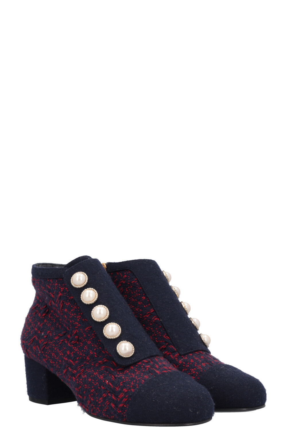 CHANEL Tweed Boots Navy Red Pearl