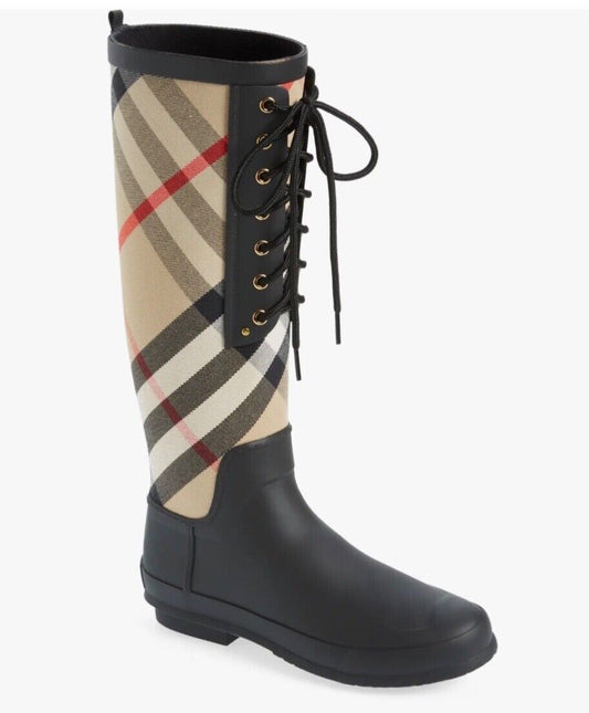 BURBERRY SIMEON HO  CHECK LACE UP RAIN BOOTS