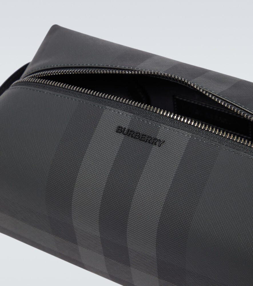 BURBERRY CHARCOAL HO  CHECK LEATHER TRAVEL POUCH