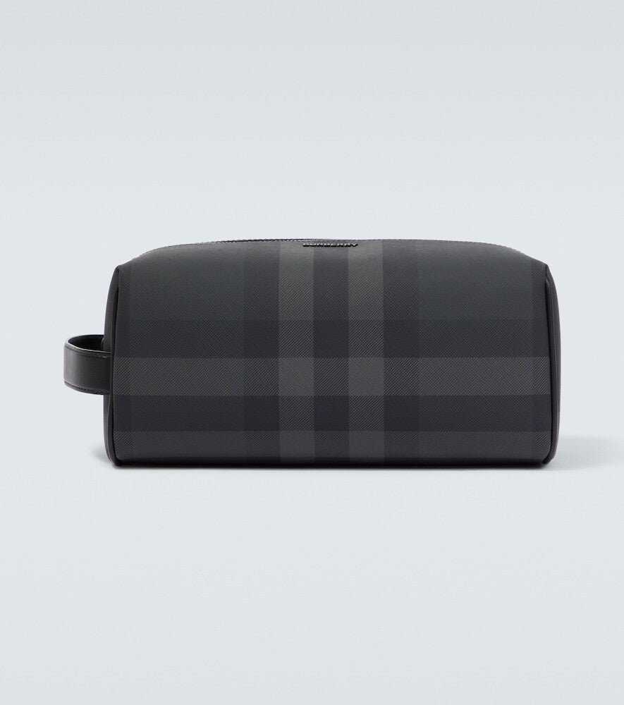 BURBERRY CHARCOAL HO  CHECK LEATHER TRAVEL POUCH