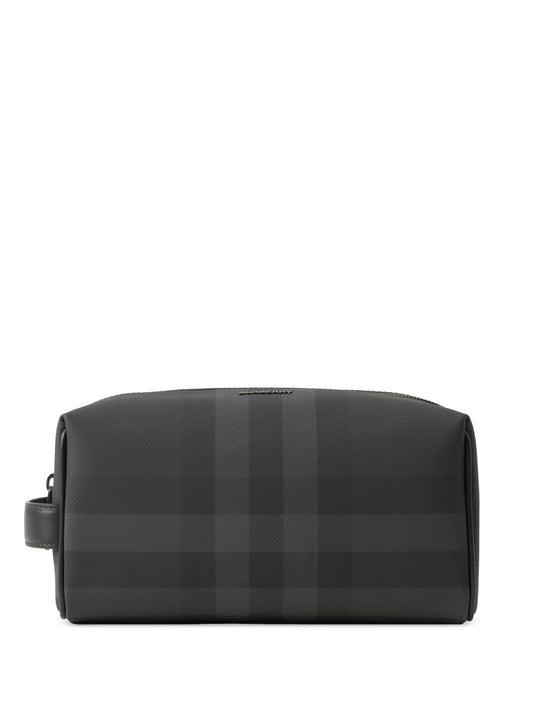 BURBERRY CHARCOAL HO  CHECK LEATHER TRAVEL POUCH