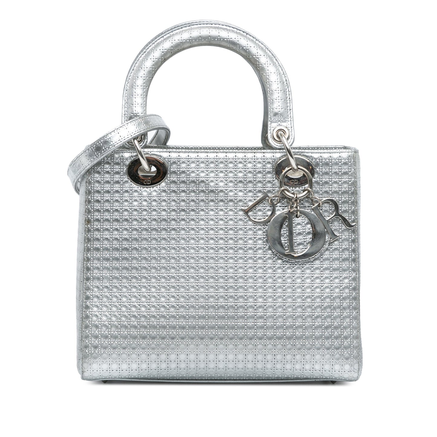 Silver Dior Medium Metallic Patent Microcannage Lady Dior Satchel