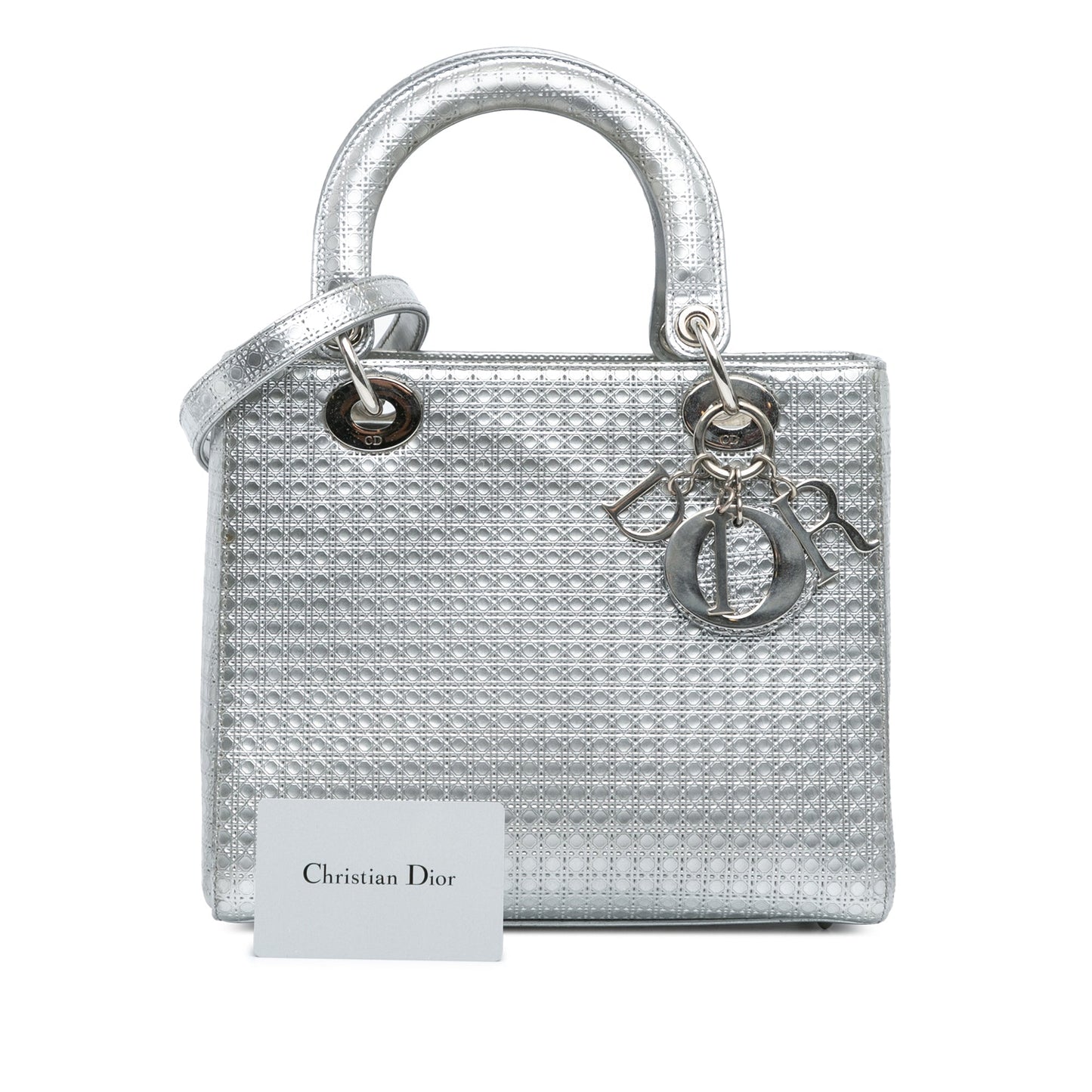 Silver Dior Medium Metallic Patent Microcannage Lady Dior Satchel