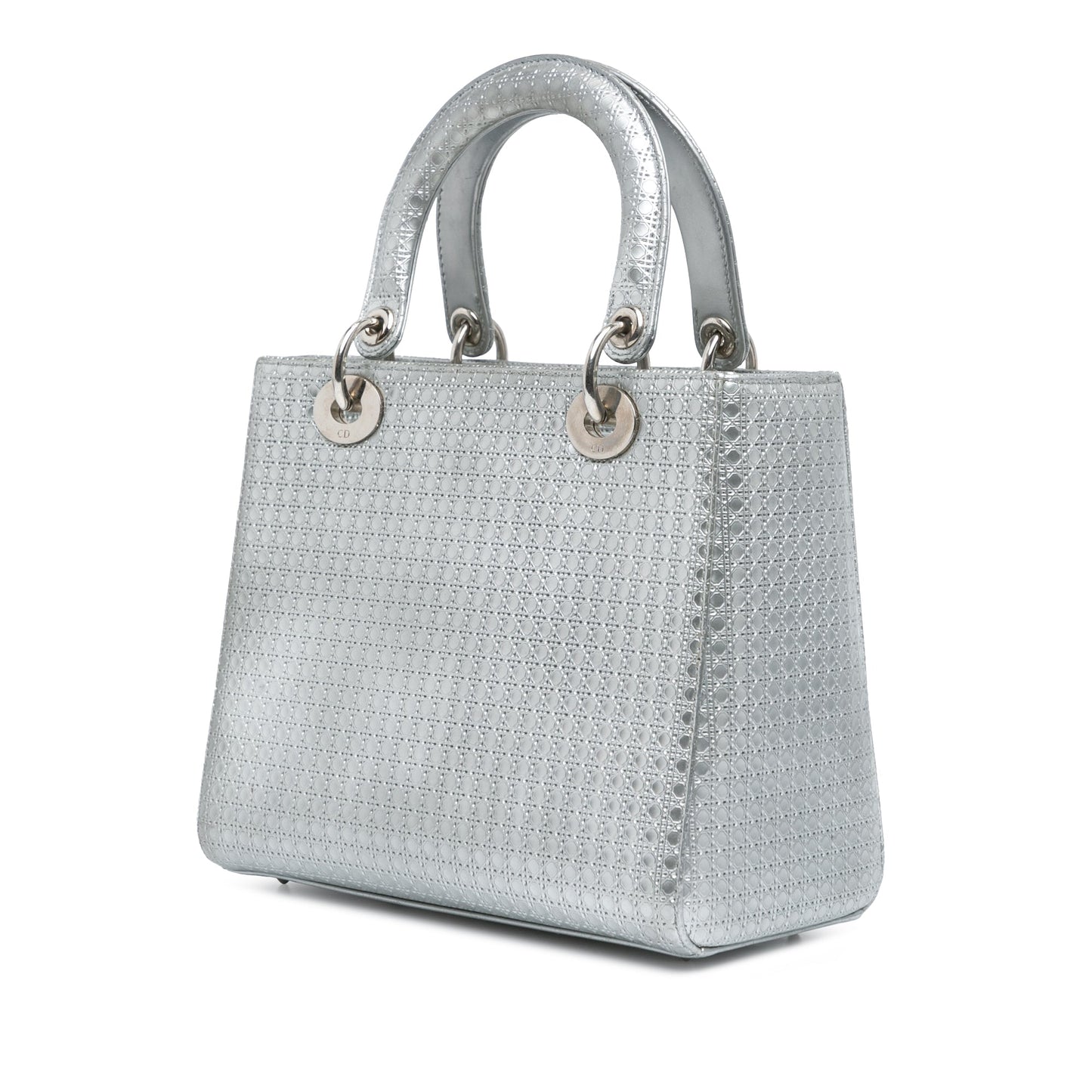 Silver Dior Medium Metallic Patent Microcannage Lady Dior Satchel