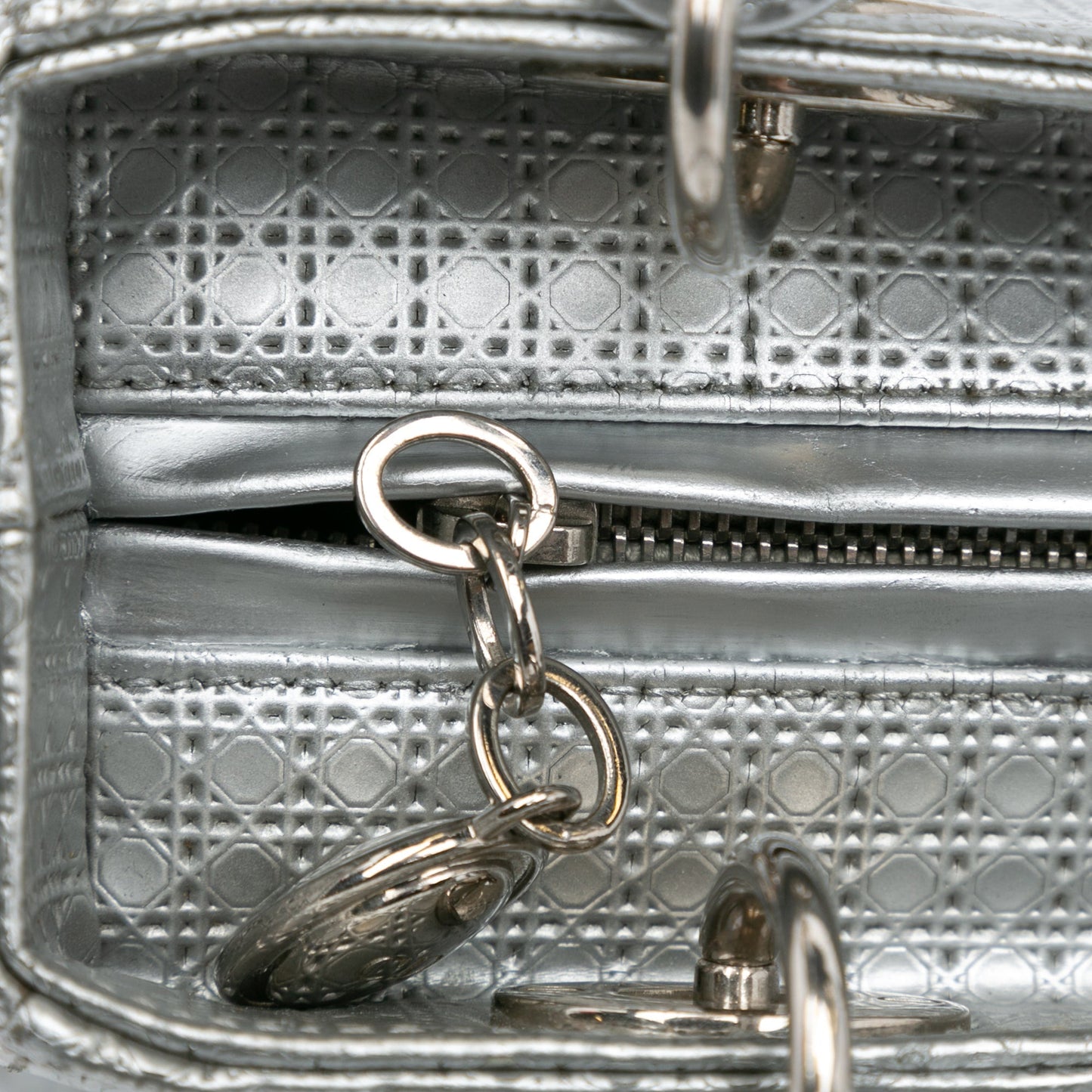Silver Dior Medium Metallic Patent Microcannage Lady Dior Satchel
