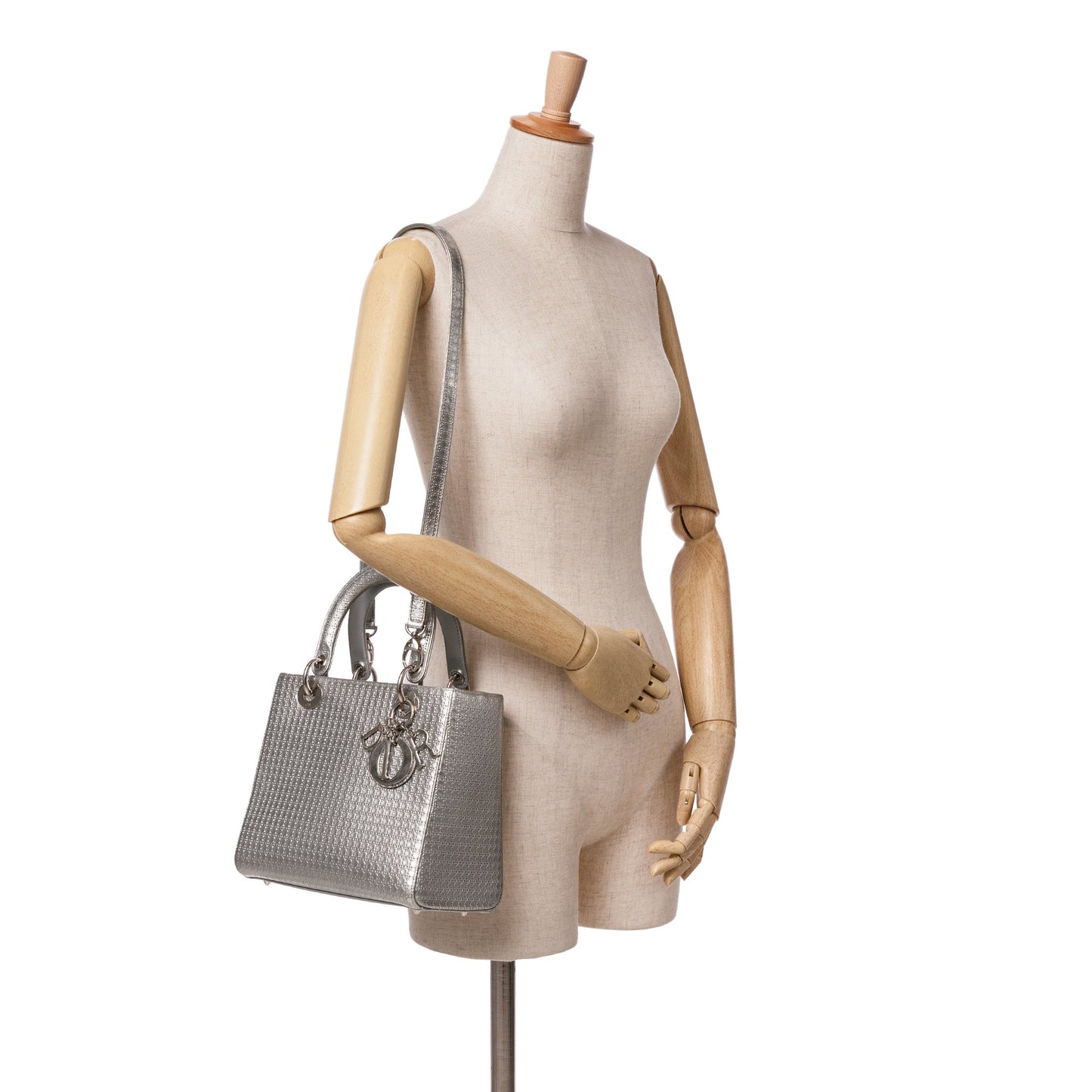 Silver Dior Medium Metallic Patent Microcannage Lady Dior Satchel