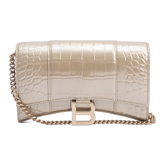 Balenciaga Beige Croc Embossed Hourglass Wallet on Chain