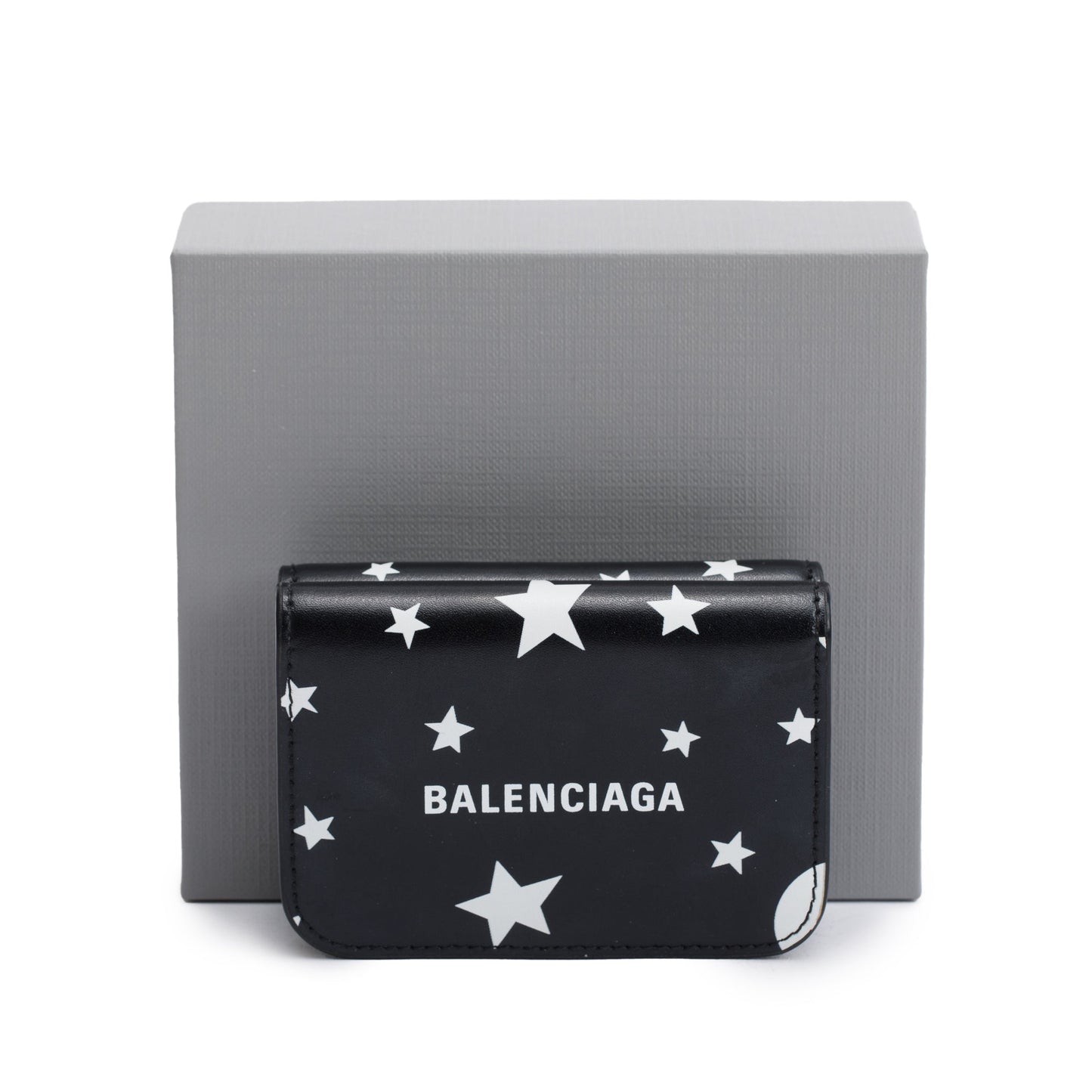 Balenciaga Black Calfskin Leather Logo Star Everyday Mini Compact Wallet