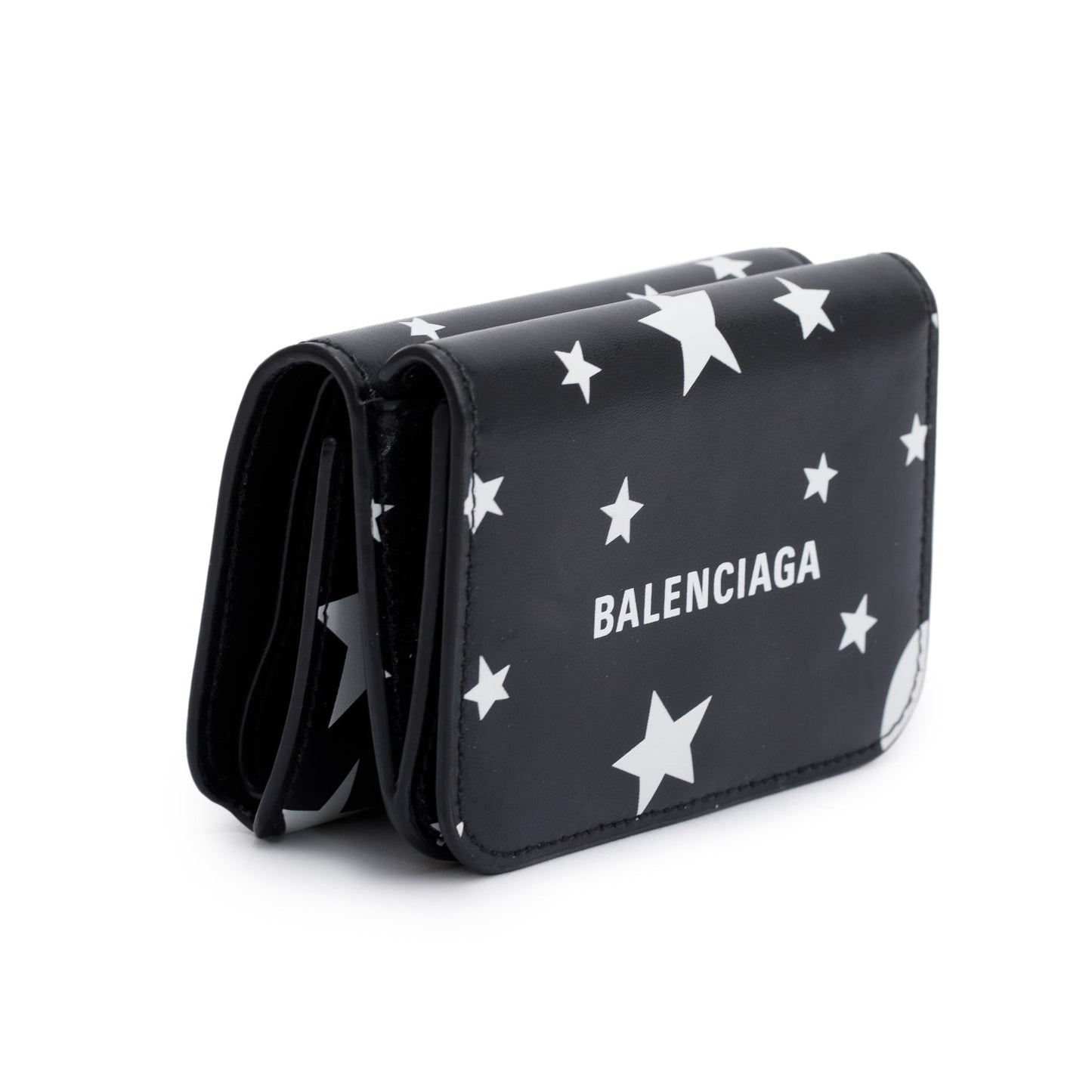 Balenciaga Black Calfskin Leather Logo Star Everyday Mini Compact Wallet