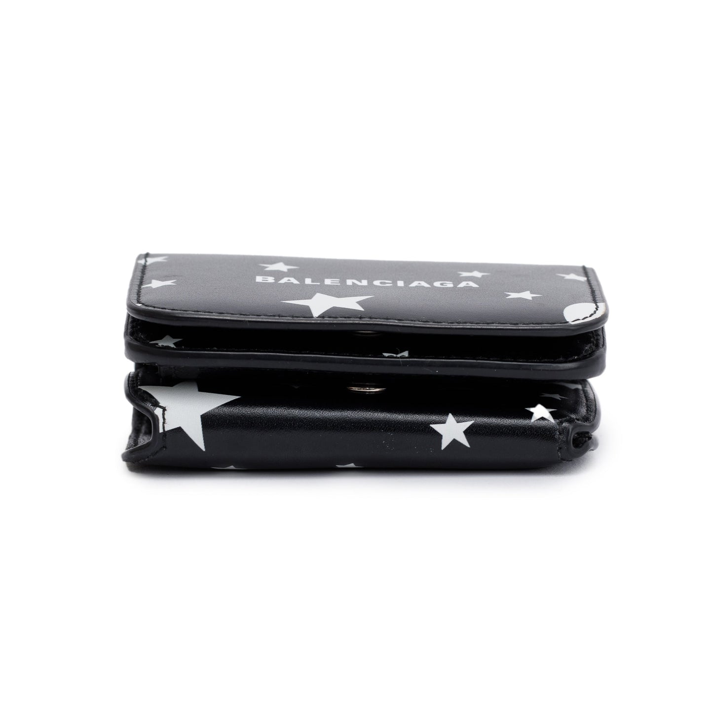Balenciaga Black Calfskin Leather Logo Star Everyday Mini Compact Wallet