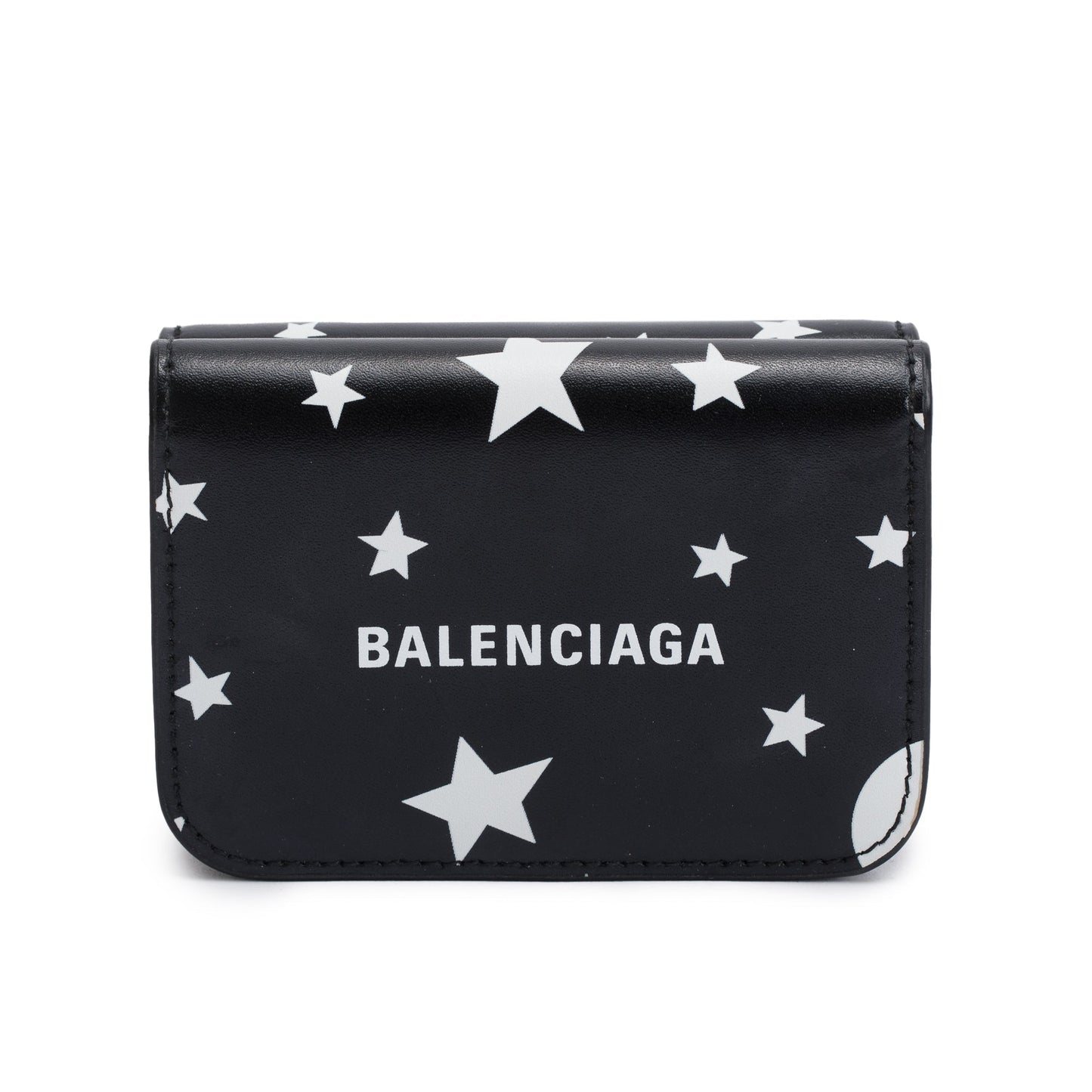 Balenciaga Black Calfskin Leather Logo Star Everyday Mini Compact Wallet