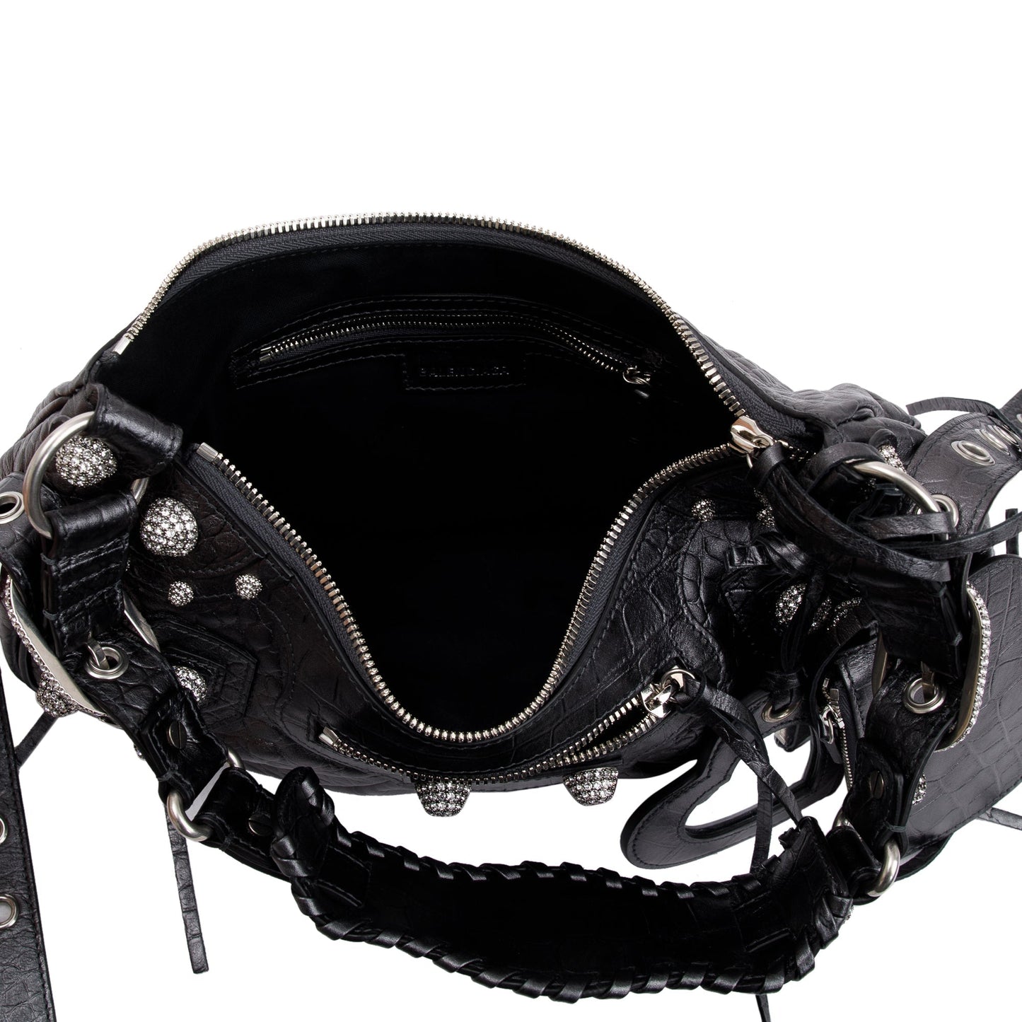 Balenciaga Black Croc-Embossed Arena Leather Rhinestones Le Cagole Small Shoulder Bag