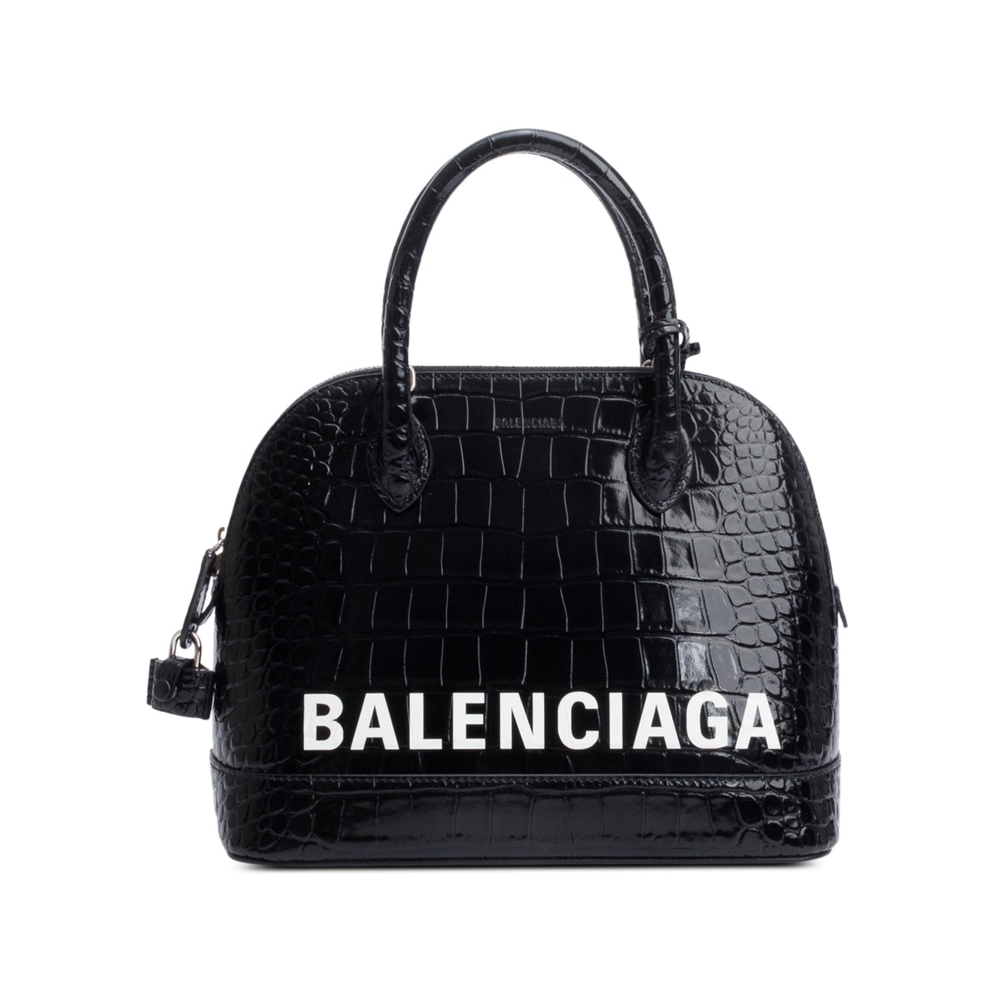 Balenciaga Black Croc-Embossed Calfskin Leather Ville S Top Handle Bag