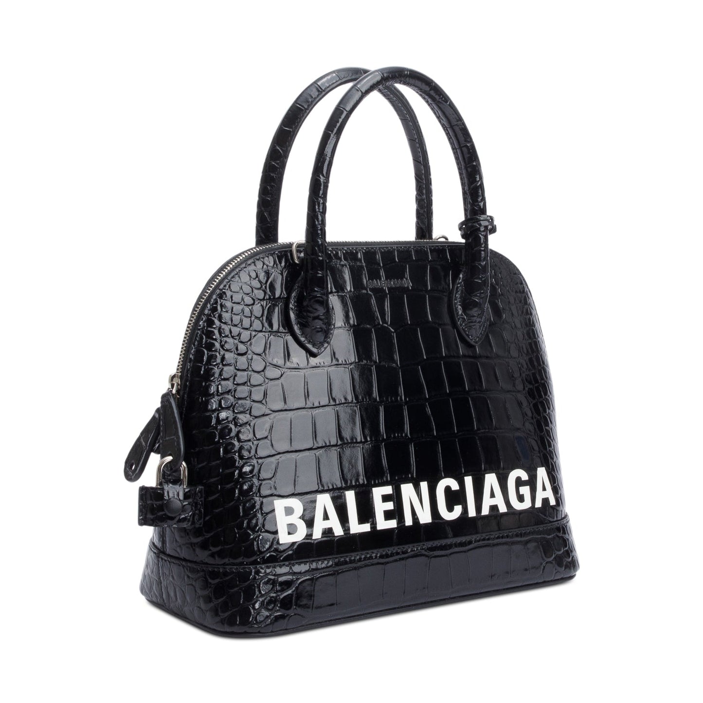 Balenciaga Black Croc-Embossed Calfskin Leather Ville S Top Handle Bag
