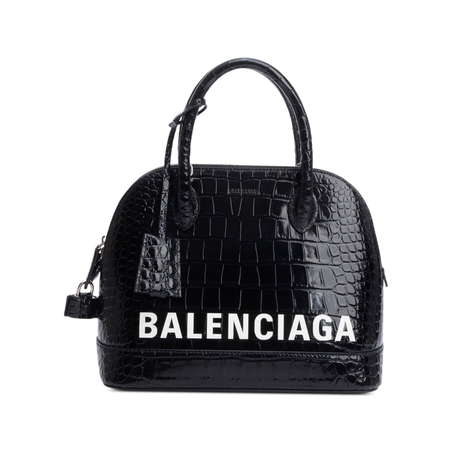 Balenciaga Black Croc-Embossed Calfskin Leather Ville S Top Handle Bag