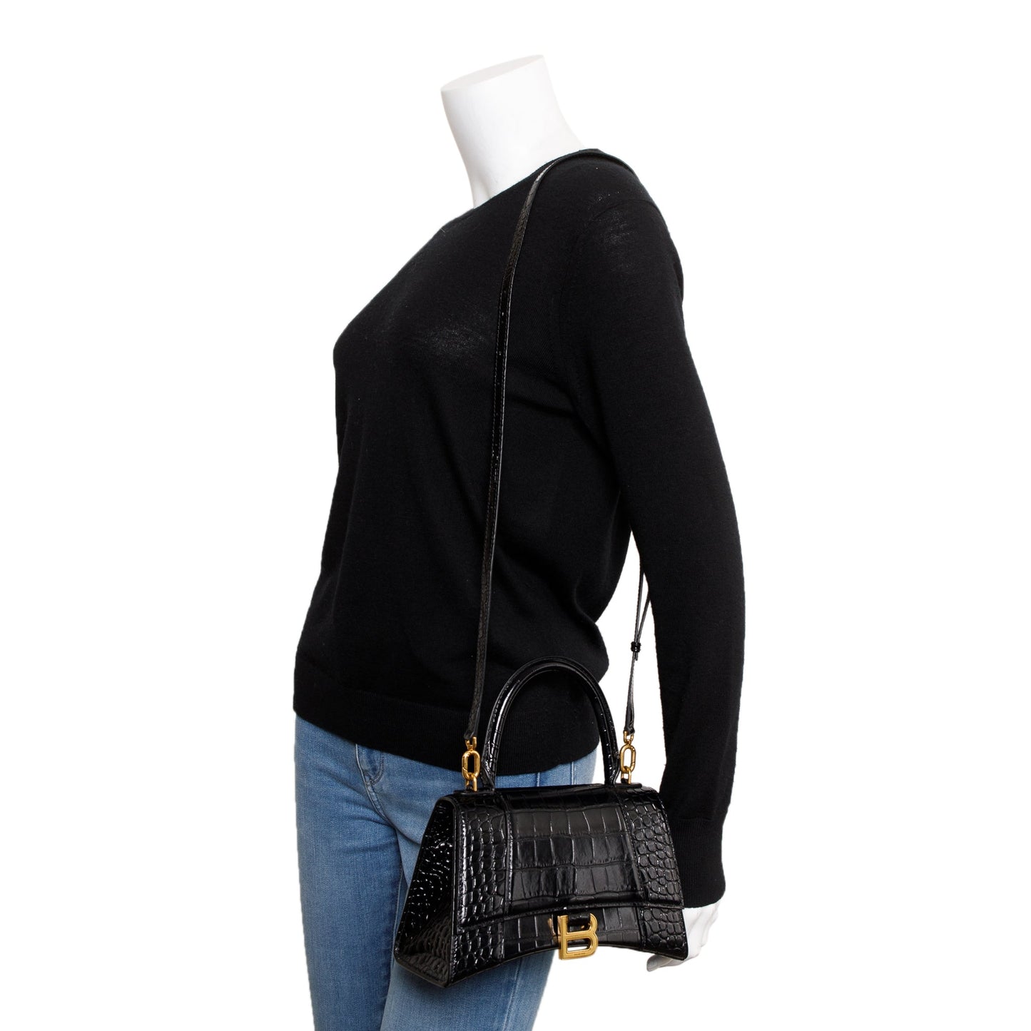 Balenciaga Black Croc-Embossed Leather Small Hourglass Top Handle Bag