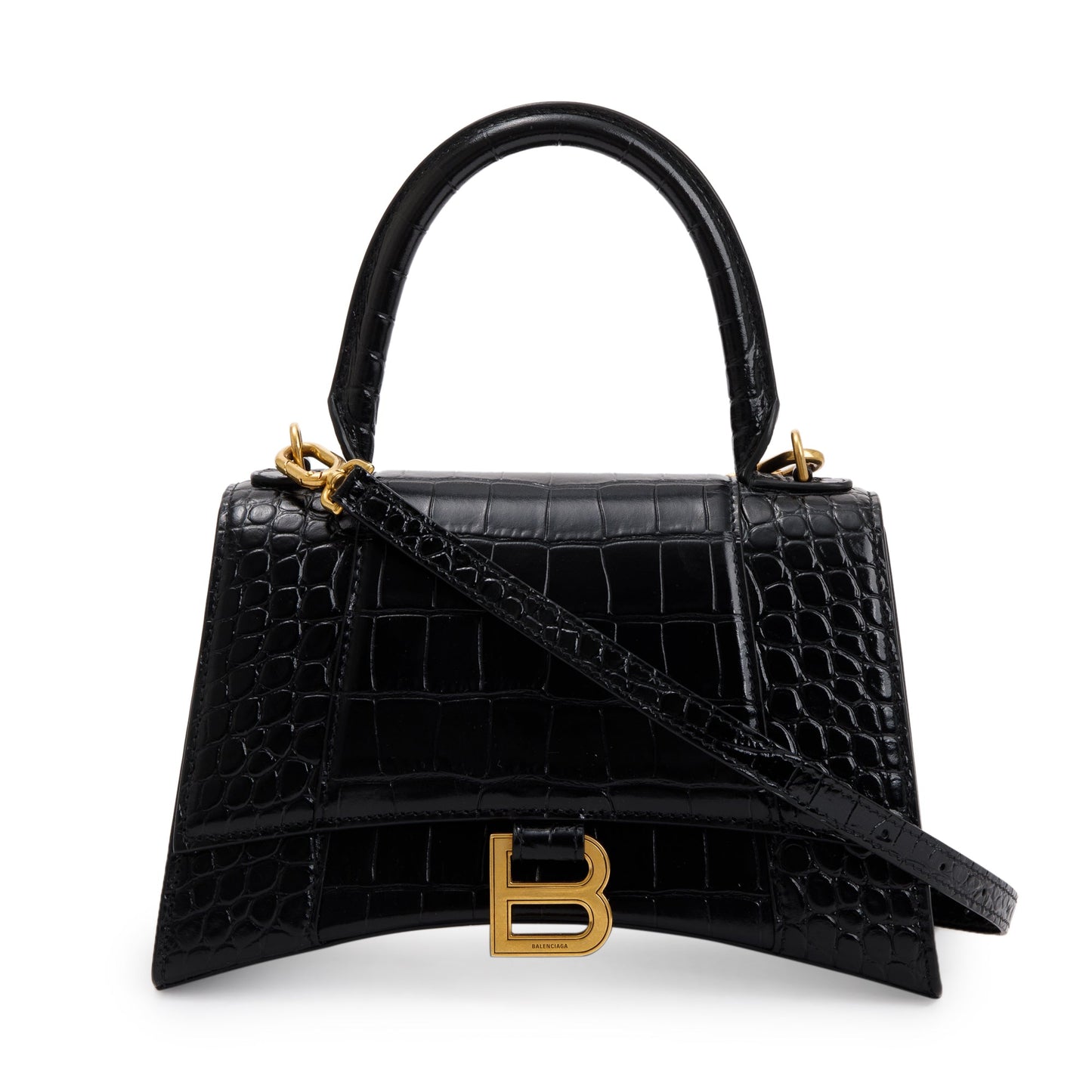 Balenciaga Black Croc-Embossed Leather Small Hourglass Top Handle Bag