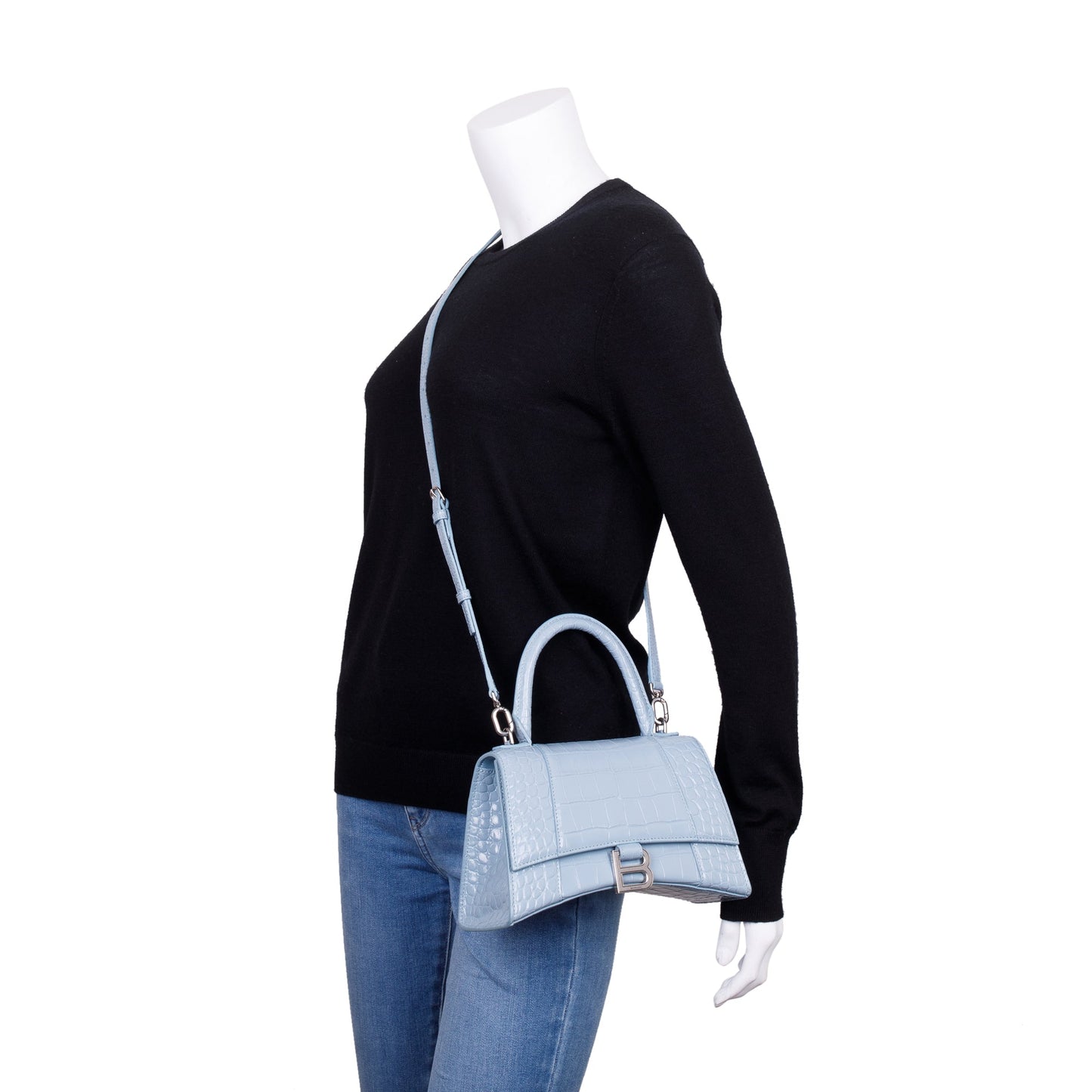 Balenciaga Blue Grey Croc-Embossed Calfskin Leather Small Hourglass Top Handle Bag