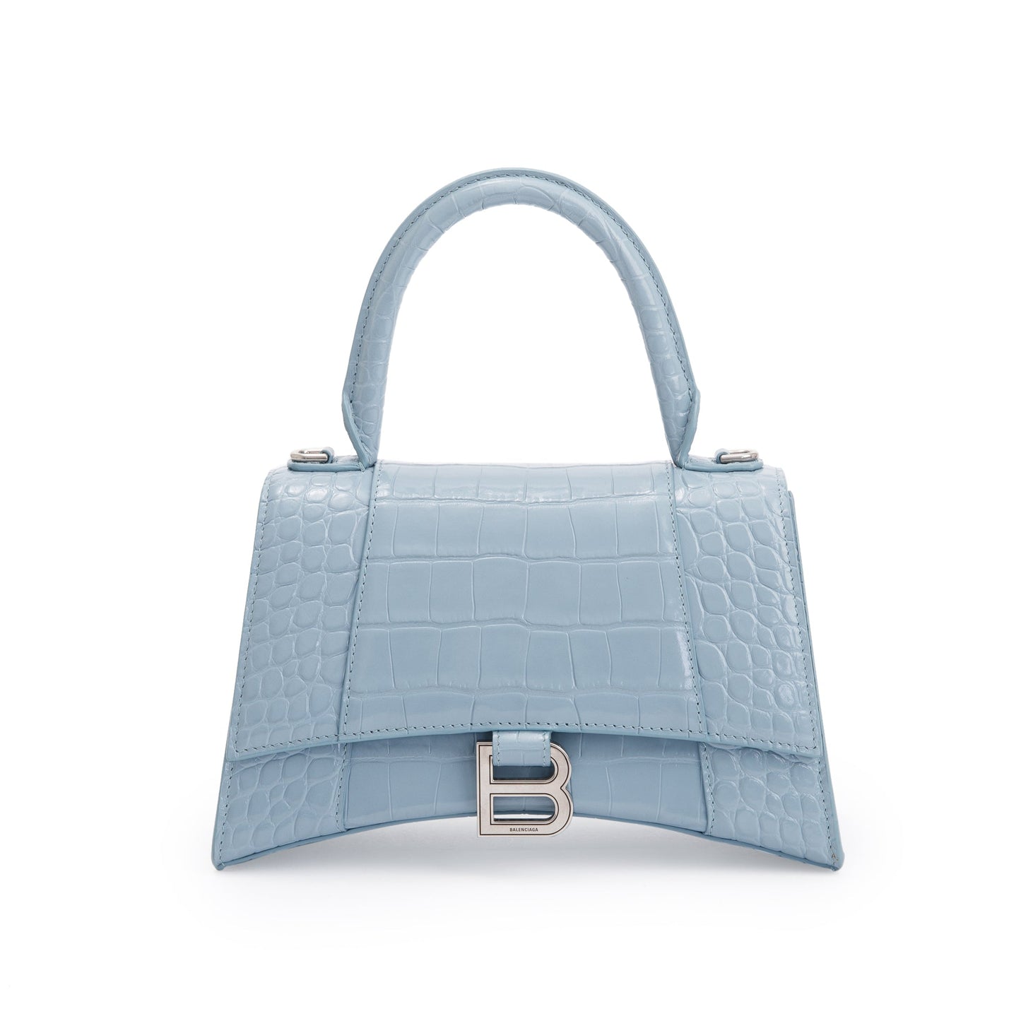 Balenciaga Blue Grey Croc-Embossed Calfskin Leather Small Hourglass Top Handle Bag