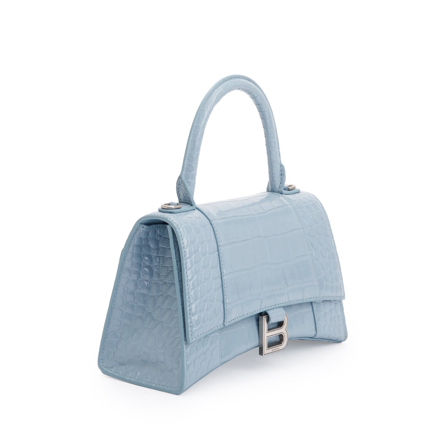 Balenciaga Blue Grey Croc-Embossed Calfskin Leather Small Hourglass Top Handle Bag